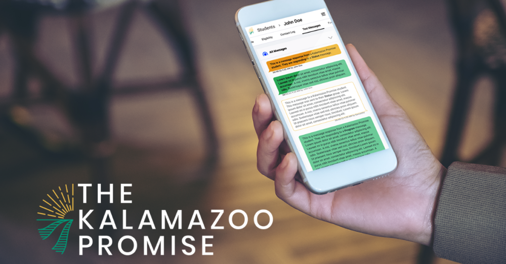 How Custom Software is Powering Michigan's Community Scholarship Program 1 A white man's hand holding a mobile phone showing a custom application with texting features