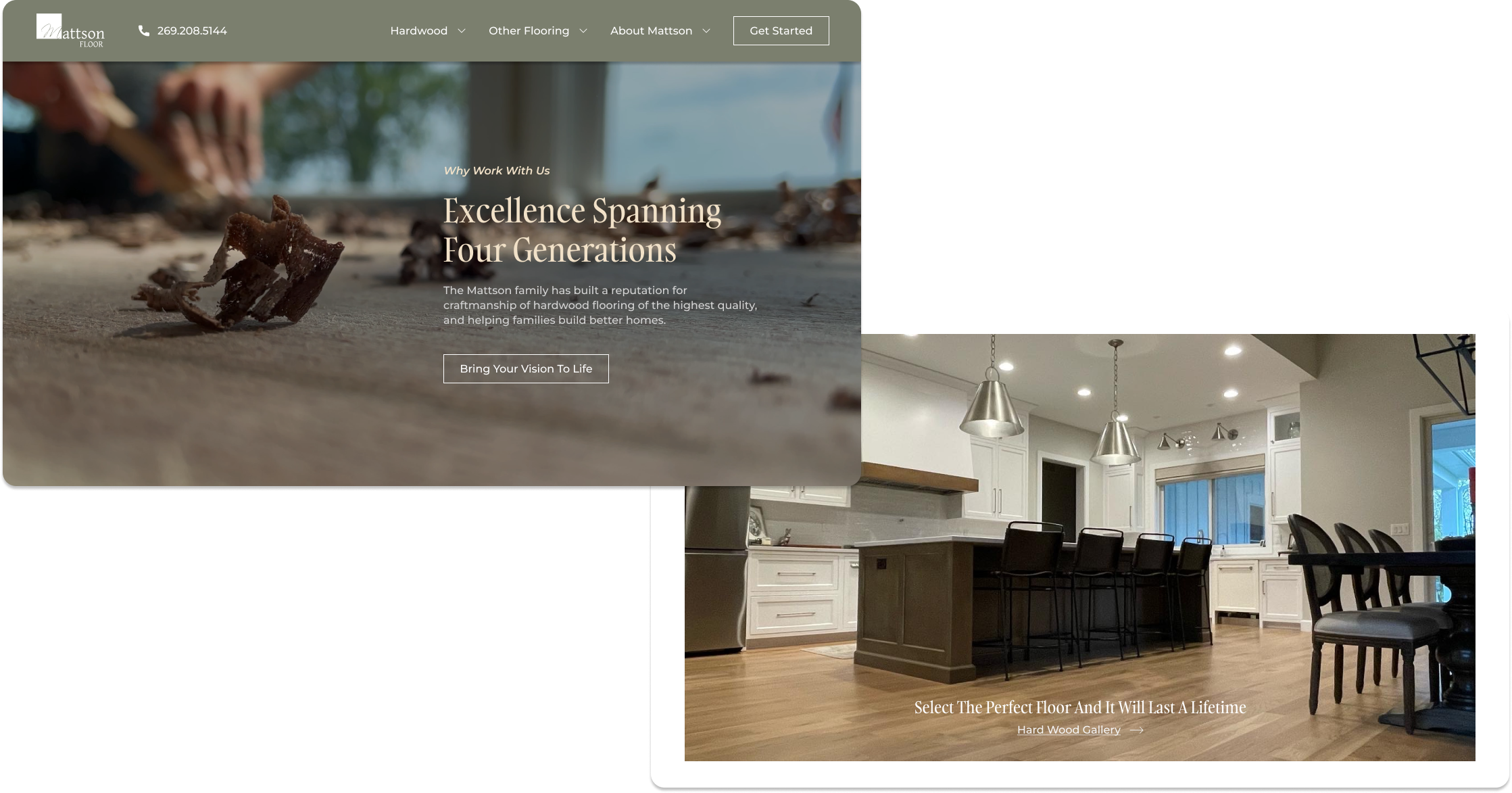 Two desktop -size screens of flooring company website overlapped on top of each other