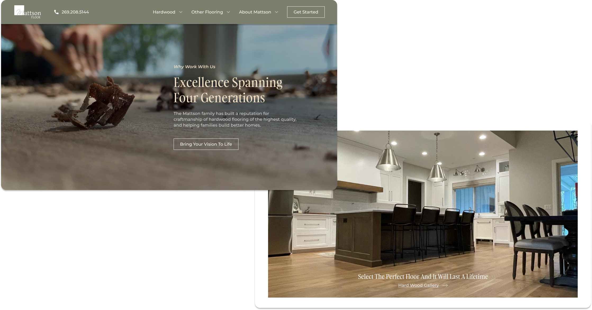 Two desktop -size screens of flooring company website overlapped on top of each other