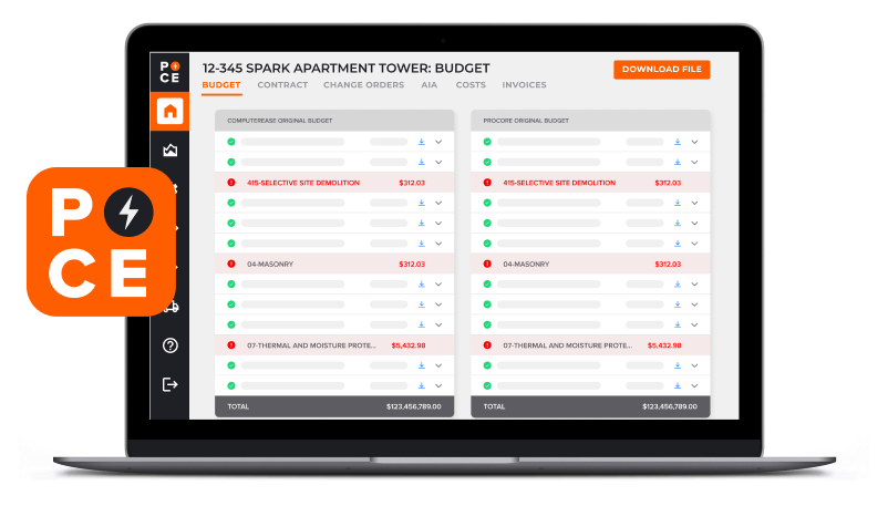 Computer screen showing comparing budgets in procore and computerease in pce sync tool